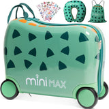 Aerolite Minimax Valise Enfant à 4 roulettes 45x36x20cm - Bagage Cabine pour Enfants 29L Bagage à Main de Voyage à Coque Rigide et 4 Roues - Set de Bagages avec Sac et Oreiller 45x36x20 (Dinosaure/Bleu)