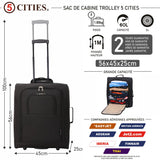 5 Cities British Airways Jet2 & easyJet Plus/Flexi Sac à roulettes 56 x 45 x 25 cm Taille maximale approuvée cabine Bagage à main 56 cm 60 L Noir, Noir., valise